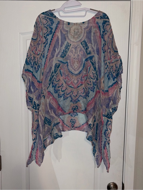 Chico's Tops - Chico's Sheer Paisley Tunic in Teal and Pink Linen Size L/XL